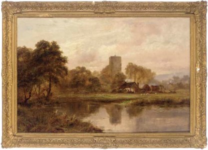 A peaceful river view with a farm and church beyond