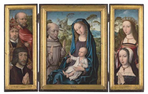 A triptych: central panel: The Virgin and Child with Saint Francis of Assisi; the wings: Saints Jerome and Gregory the Great with a donor, and Saint Catherine with a donatrix; the outer faces: The Adoration of the Magi in a sculpted niche, en grisaille , with the coats-of-arms of the Canizares family