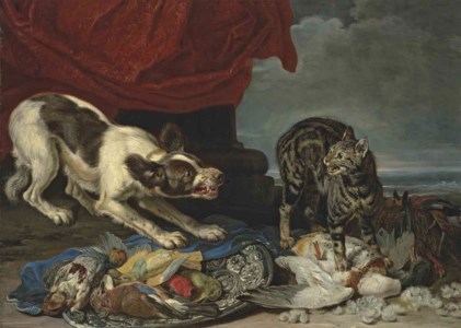 A cat and a dog fighting over fowl, a column with draped curtain and coastal landscape beyond