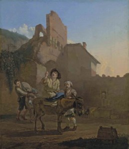 Travellers with donkeys resting at the walls of a town