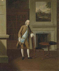 Portrait of William Trollop, small full-length, in a brown suit and a blue waistcoat, in an interior