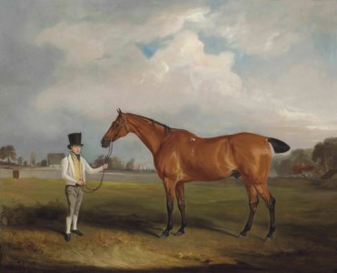 Sir Harry Goodrich's bay hunter Smasher and groom in Ribston Park
