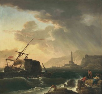A shipwreck with figures coming ashore