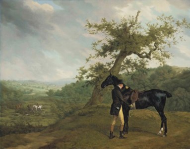 Jacques-Laurent Agasse, George Irving with his black hunter beneath a blasted oak, hounds being put into a covert beyond