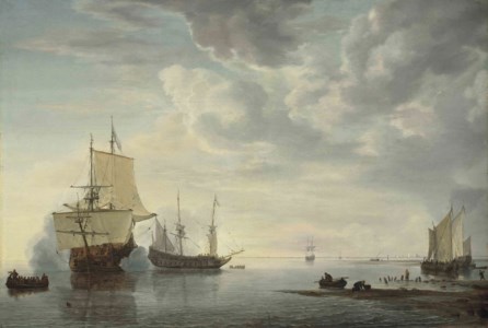SIMON JACOBSZ. DE VLIEGER, Dutch frigates exchanging salutes in a calm, with yachts, a rowing boat, a sloop carrying personnel, and fishermen on the shore