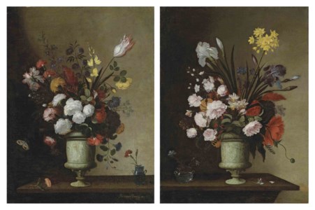 Roses, carnations, a tulip and other flowers in a sculpted alabaster urn, with a carnation in a glass vase, on a wooden table; and Roses, lilies, iris and other flowers in a sculpted alabaster urn and other flowers in a glass vase, on a wooden table