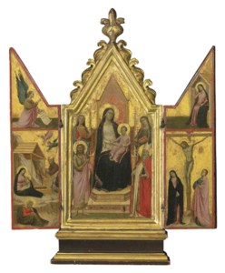 A triptych: central panel: The Madonna and Child enthroned with Saints; wings: The Nativity with the Angel of the Annunciation; and The Crucifixion with Virgin Annunciate