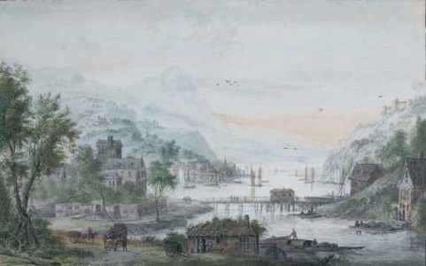 View of a riverside town with a bridge