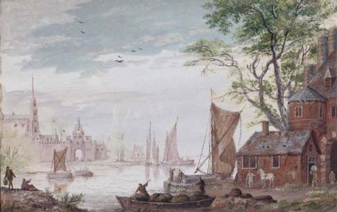 View of a walled town on an estuary