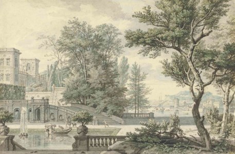 View of an Italianate villa and its garden, a bay beyond