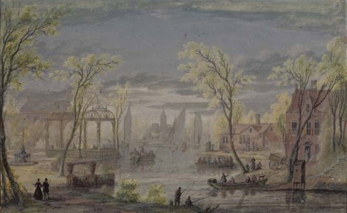 A river landscape near Amsterdam with an elegant house and gardens on the left