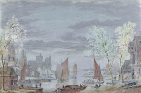 View of shipping on a river, a castle beyond