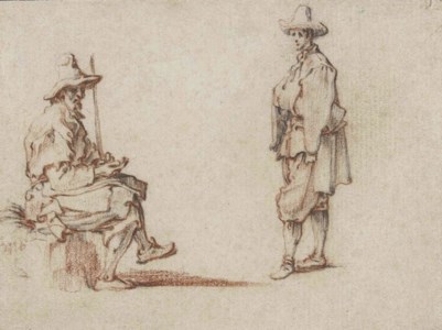 Studies of two men in contemporary costume, one seated with a staff, the other standing, turned to the left