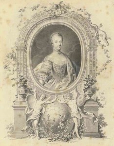 Portrait of Queen Marie-Antoinette in a fictive frame, surrounded by an arbour and with allegorical figures of Germania and Gallia united below, flanking the globe