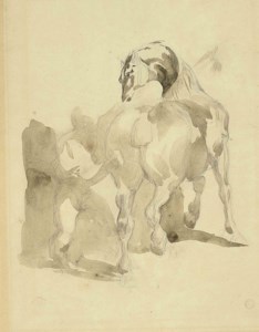 A groom rubbing down a horse