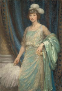 Portrait of Mrs Norman Holbrook, three-quarter-length, in a turquoise dress and a white fan