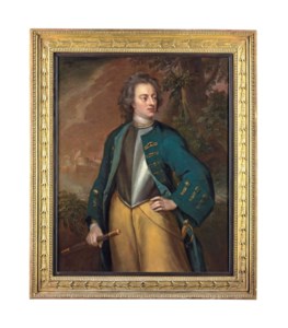 Portrait of King Carl XII of Sweden (1682-1718), three-quarter-length, in a green coat over a steel cuirass, holding a commander's baton and wearing a sword, a fortress beyond