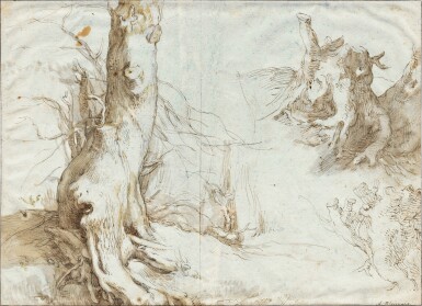 Recto: Study of a gnarled tree trunk and subsidiary studies Verso: Study of a tree