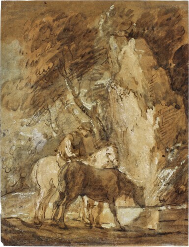 Wooded landscape with horseman and horse drinking at a trough