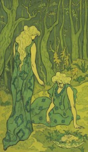 Deux jeunes filles devant la tête d'Orphée or Femmes dans la forêt or Symphonie de verts