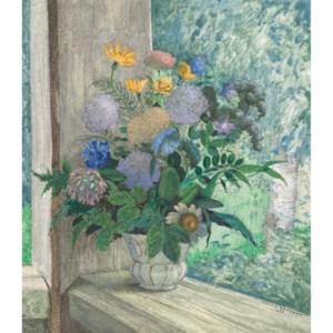 Still life with chrysanthemums, bellflowers, cornflowers and daisies in a white vase