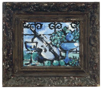 Untitled (Still life of a glass of wine, violin and fruit in a vase before a landscape)