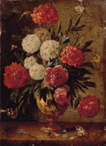 Roses, carnations, morning-glory and other flowers with ants in a gold sculpted urn, with a caterpillar and butterflies on a wooden ledge
