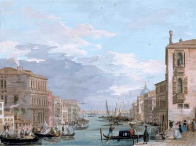 The Grand Canal, Venice, looking east from the Campo di San Vio, with the Palazzo Corner, barges and gondolas, the dome of Santa Maria della Salute, the Dogana and the Riva degli Schiavoni beyond