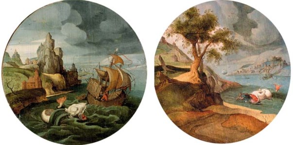 Jonas thrown in the water; and Jonas and the whale