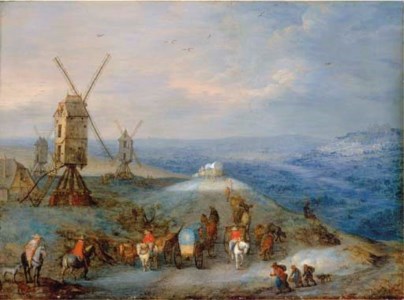 An extensive open landscape with travellers on a path by a windmill