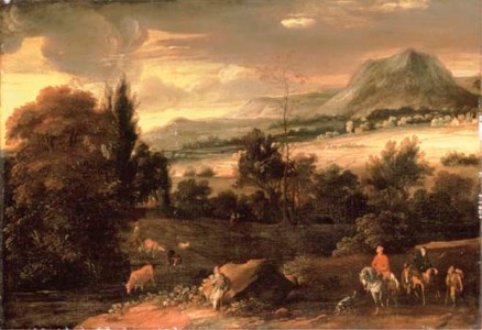 An extensive mountainous landscape with travellers on a path and a shepherd resting by a river with cattle watering