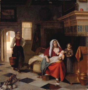 A mother and baby in an interior with a young girl and a maid