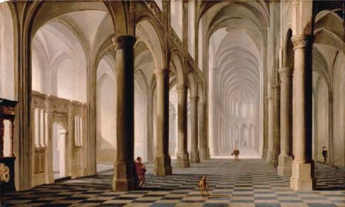 The interior of a church with figures