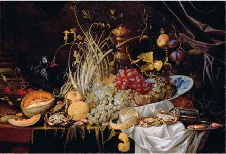 A Dutch Delft blue and white bowl with grapes, prawns on a pewter plate, crabs, a partly-peeled lemon and a melon on a partly-draped table with a parrot eating a cherry
