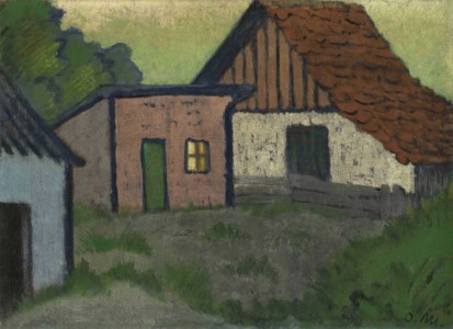 Drei Hütten, eine mit rotem Dach