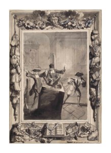 Design for an engraving: Night scene with the wigmaker, Brontin and Boirude, the sacristan, surprised by a night owl flying out of a lectern, from Le Lutrin
