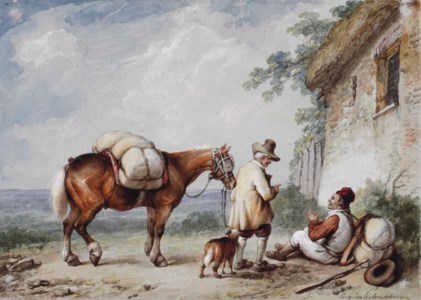 A dismounted horseman talking to another man by a house