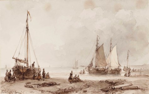 A beach scene with boats and figures