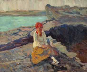 Woman in Red Scarf Near the Seashore