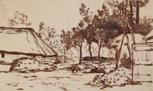 Farm buildings in a wooded landscape, most likely in Drenthe