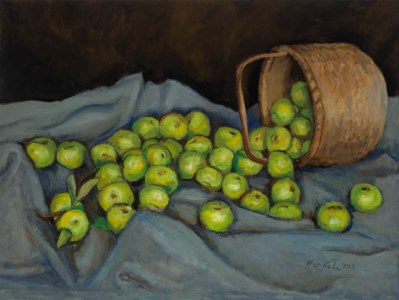 Green Apples on Blue Cloth