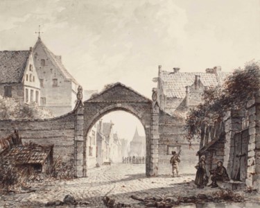 A gateway with a view of a town beyond
