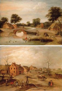Summer: A landscape with peasants dipping sheep in a river; and Winter: A village scene with peasants felling trees