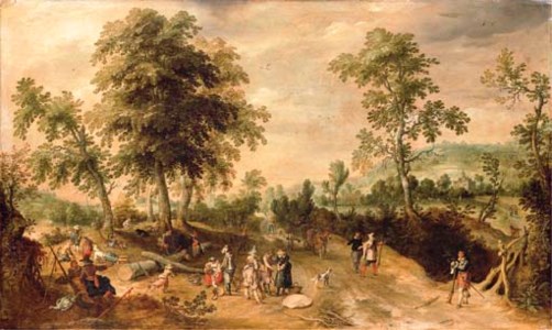 A wooded landscape with soldiers resting and playing dice next to a track