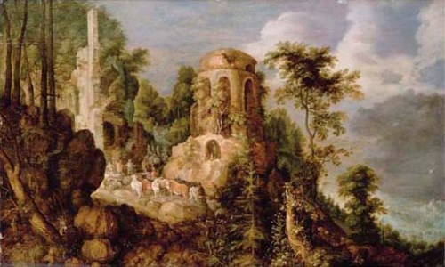 A rocky landscape with a stream and classical ruins, with the Reconcilliation of Jacob and Laban