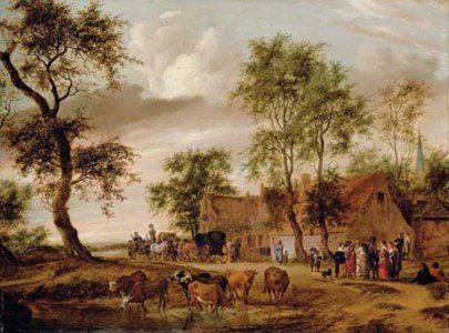 Salomon van Ruysdael, A village landscape with carriages outside an inn, peasants conversing on a path and cattle watering