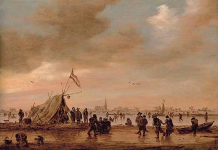 JAN JOSEFSZ. VAN GOYEN, A frozen river landscape with villagers skating on a waterway