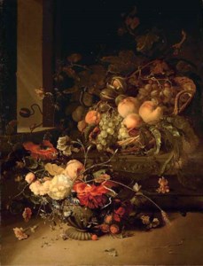Peaches, grapes, walnuts and wild blackberrries in a basket on a stone plinth and roses, morning glory and carnations in a stone urn, by a window, with a butterfly