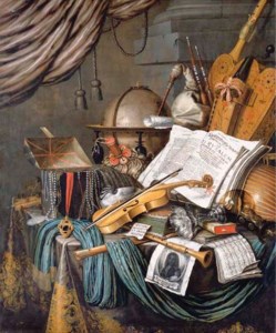 A vanitas still life of a globe, a casket of jewels and medallions, books, a hurdy-gurdy, a bagpipe, a lute, a violin, a silver tazza , a roemer , a nautilus shell, a recorder, a shawn, a print with a self-portrait of the artist and a musical score on a draped table, a curtain above