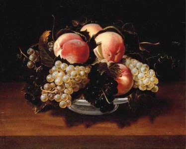 Peaches and grapes in a glass bowl on a stone ledge with a wasp